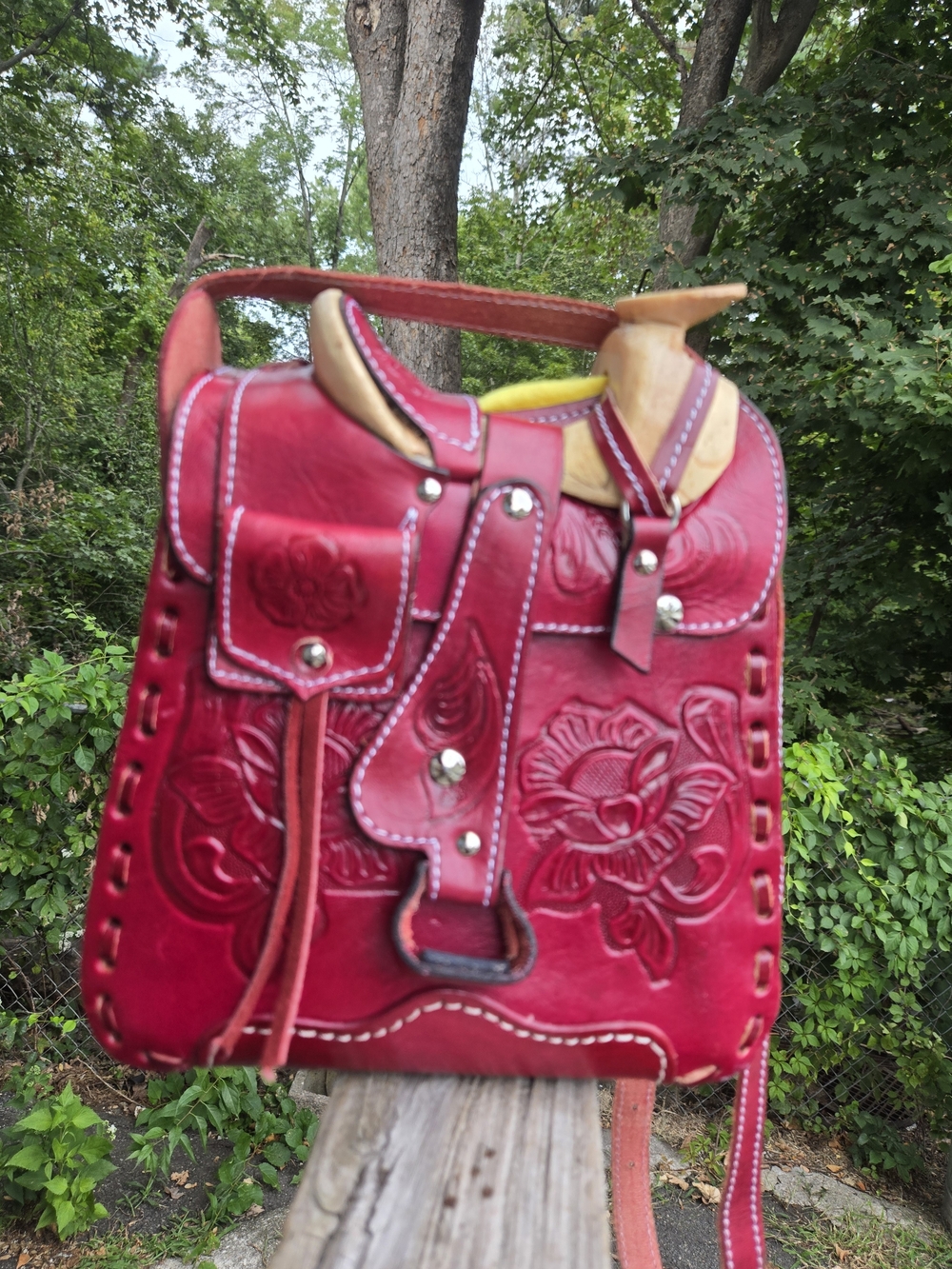 Hand-Tooled Red Leather Floral Crossbody Bag NWOT